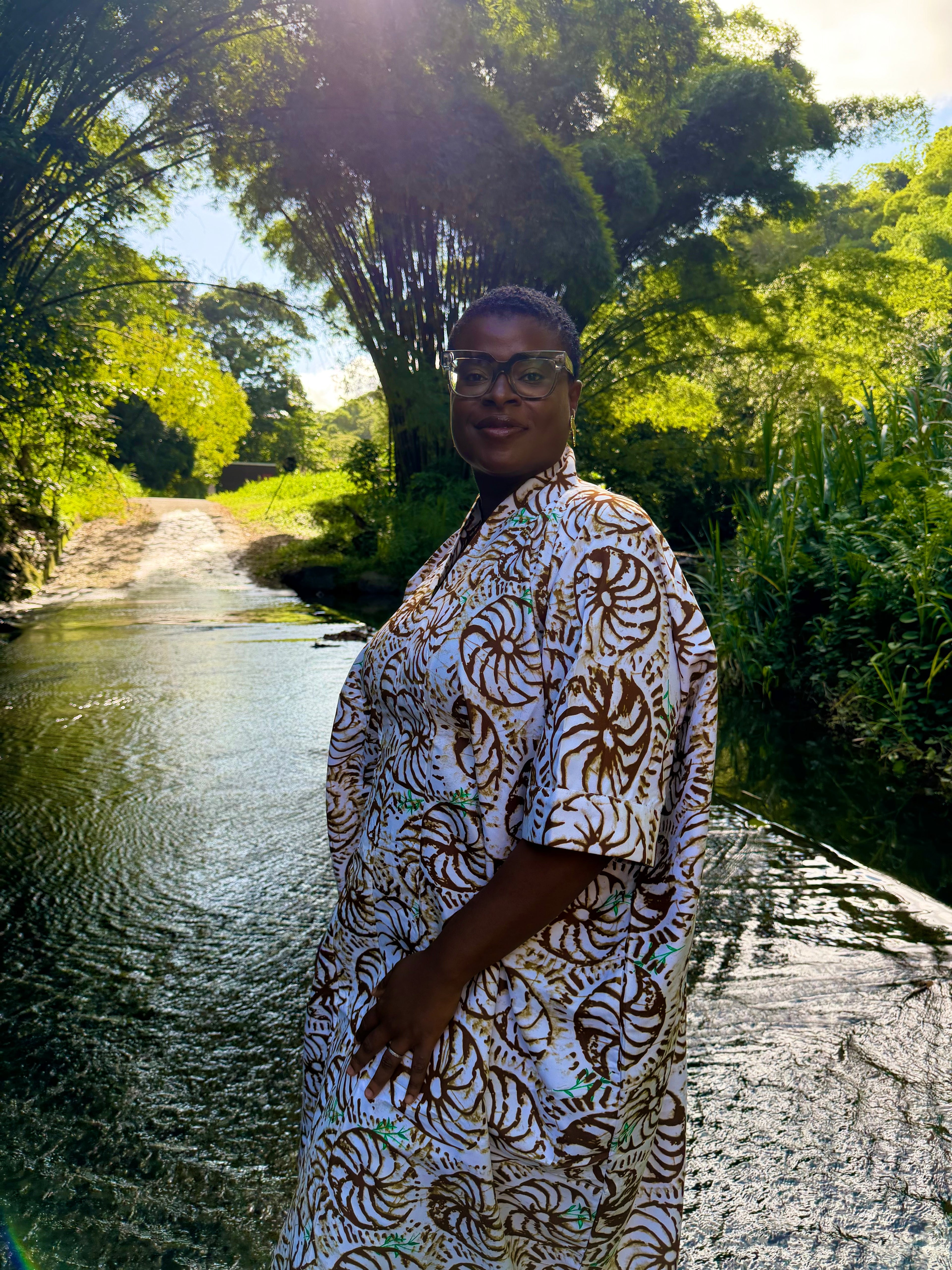 Robe longue en batik coton - Marron fleuri
