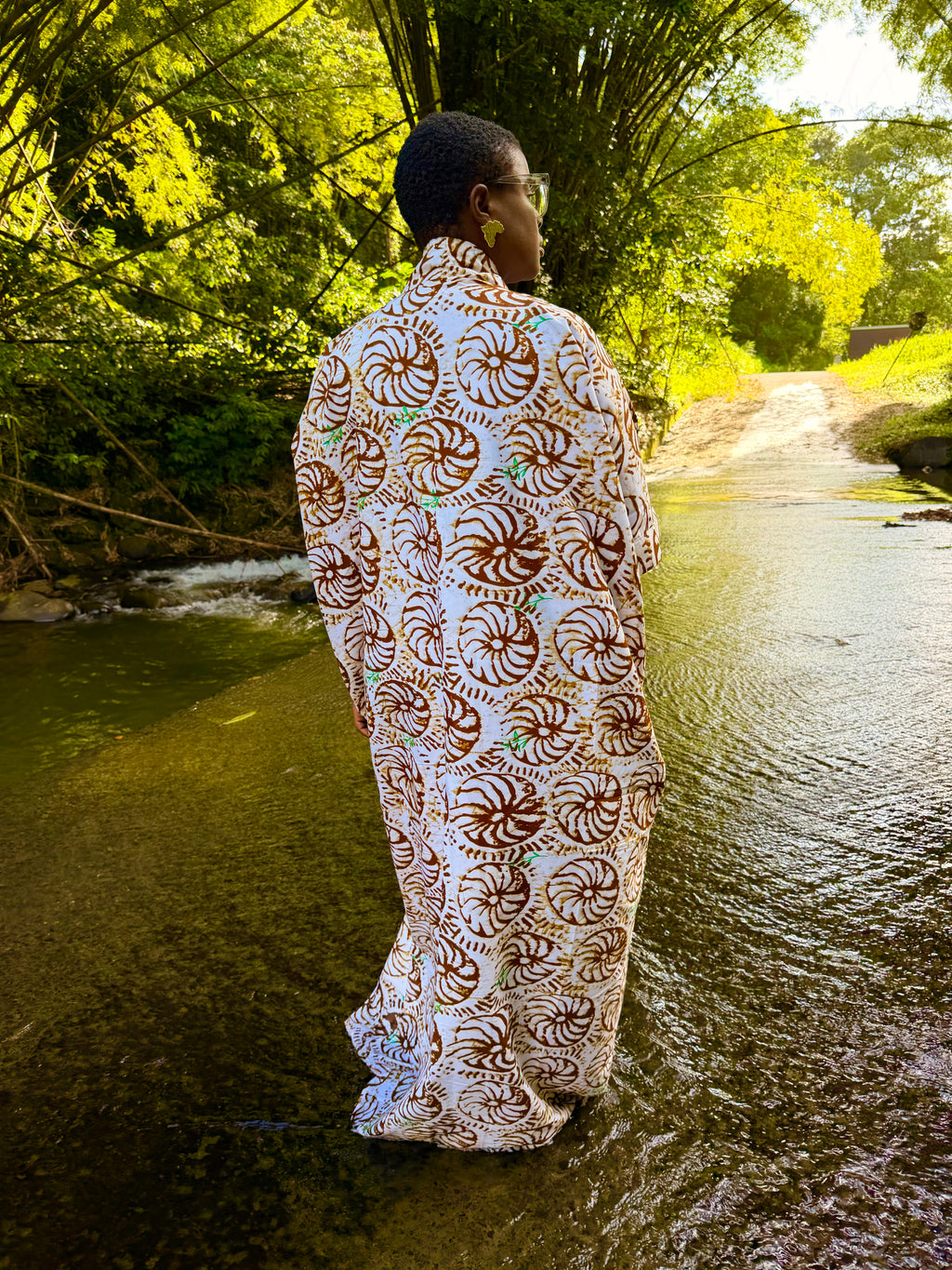 Robe longue en batik coton - Marron fleuri