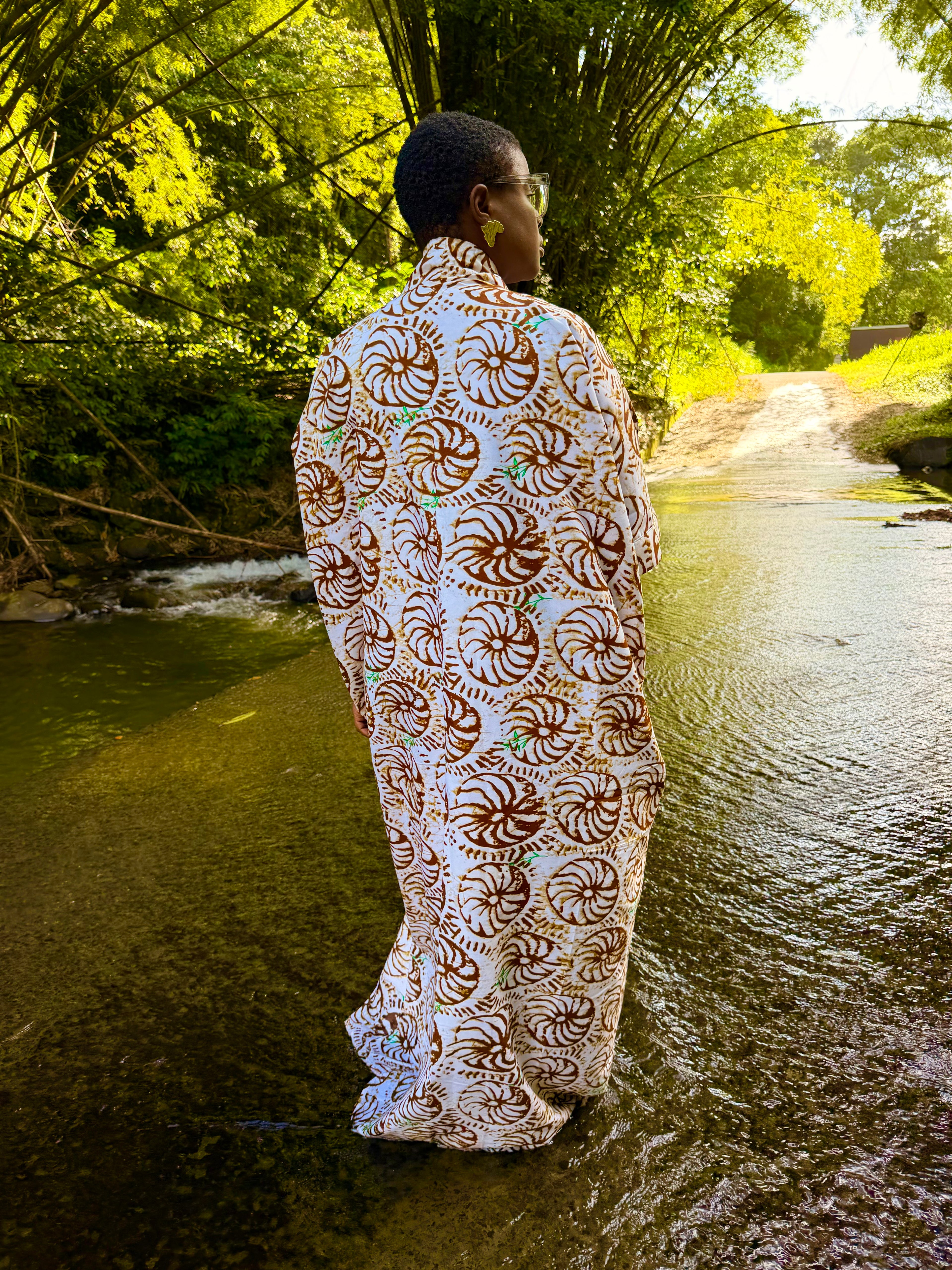 Robe longue en batik coton - Marron fleuri