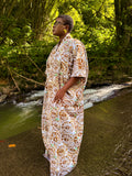 Robe longue en batik coton - Marron fleuri