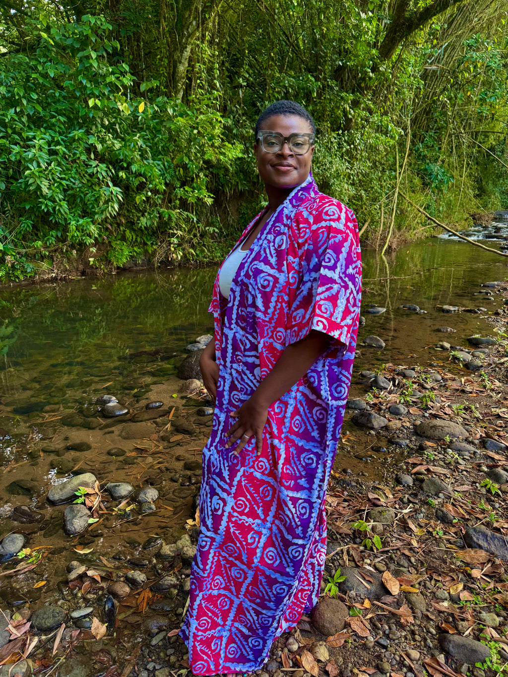 Kimono long en batik - Rose et violet