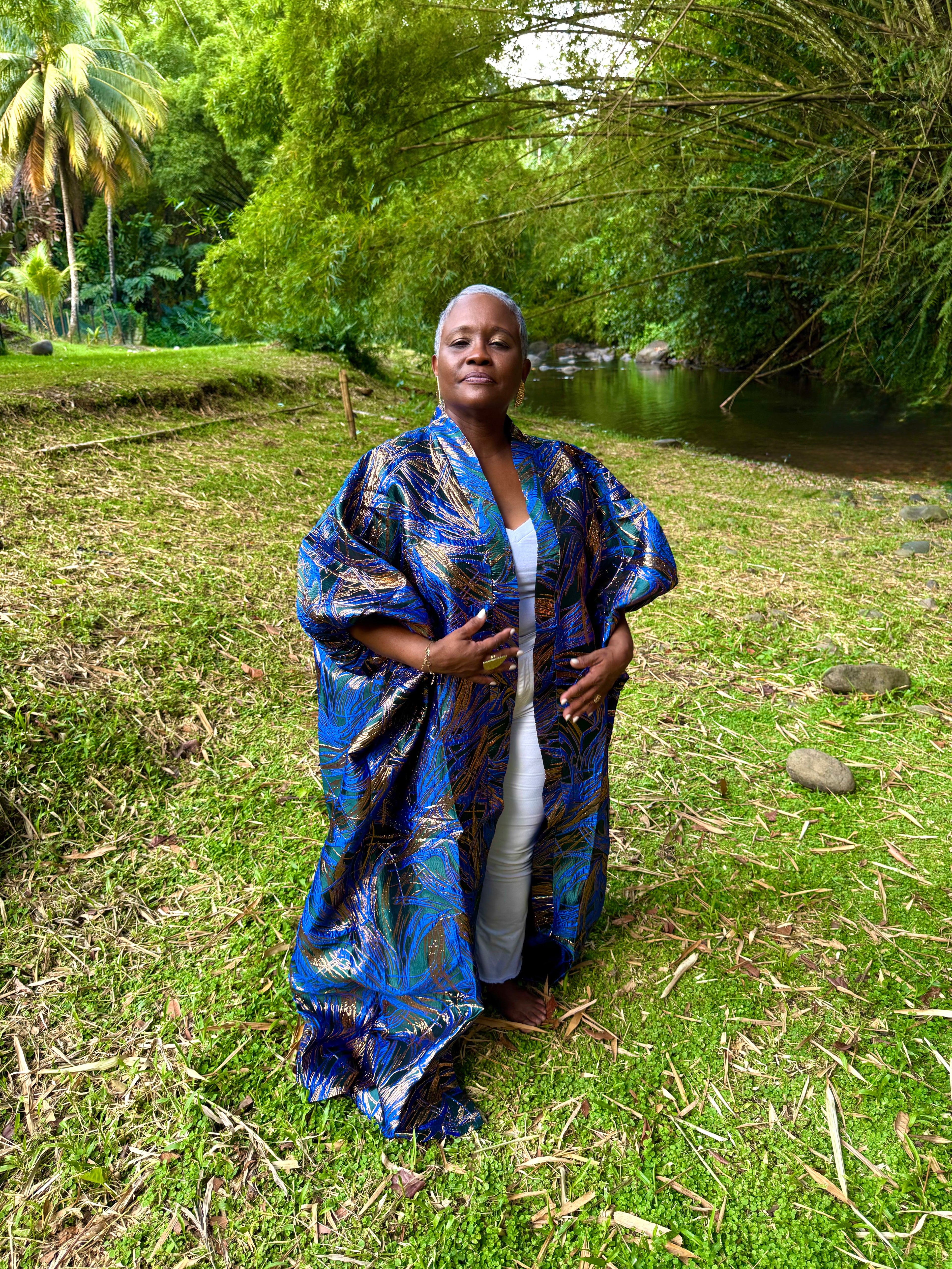 Kimono long en brocart - bleu