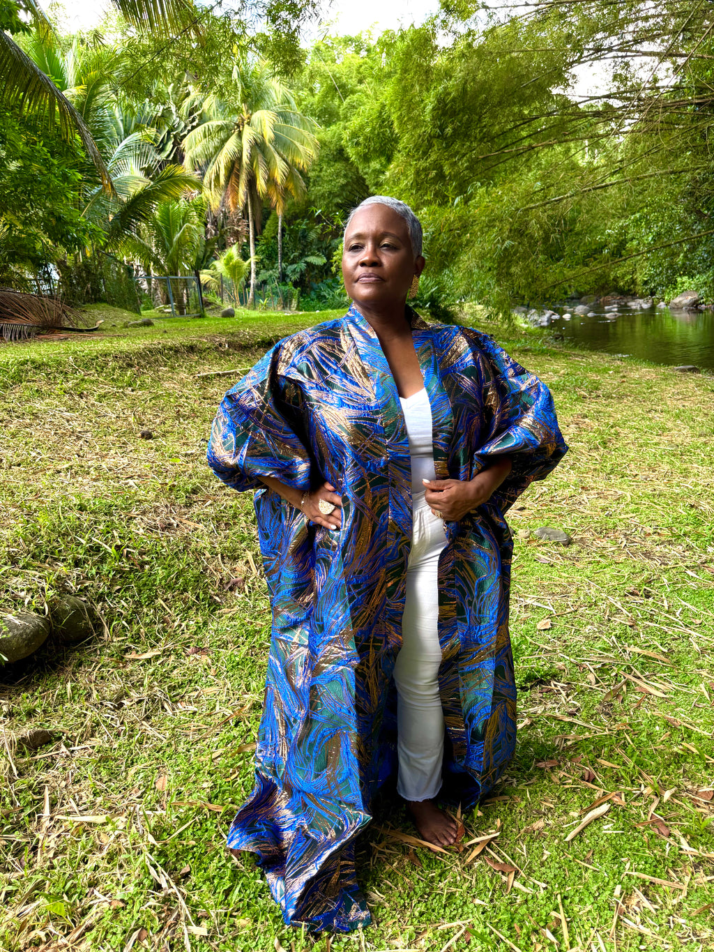 Kimono long en brocart - bleu