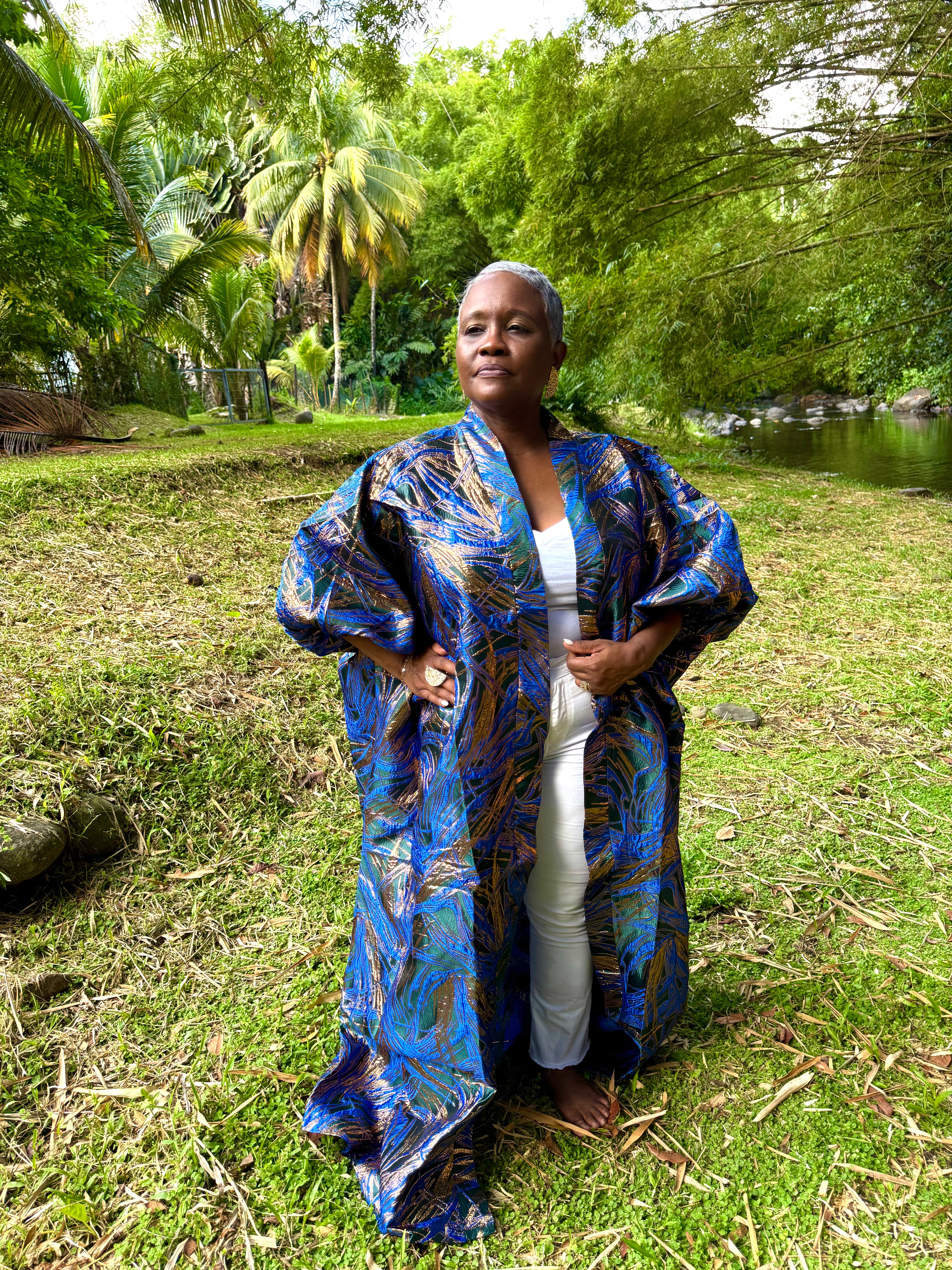 Kimono long en brocart - bleu