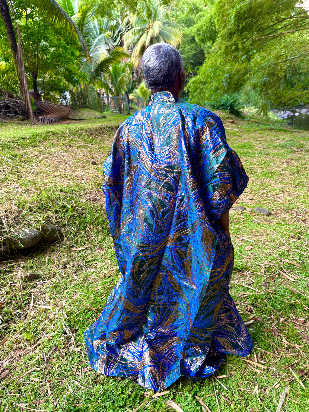 Kimono long en brocart - bleu