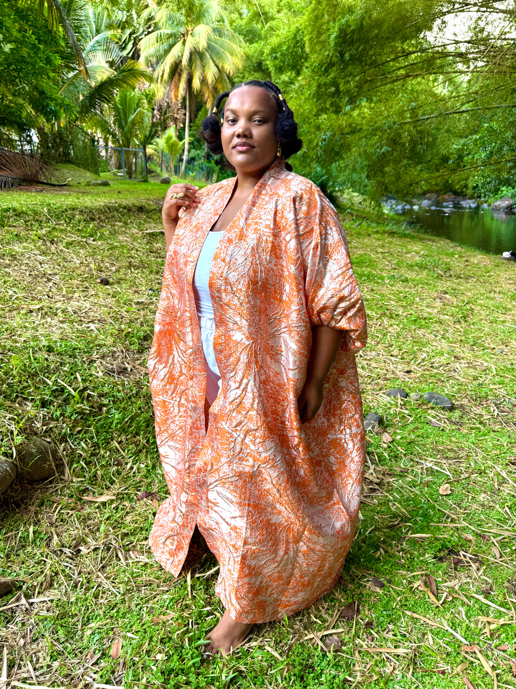 Kimono long en brocart - orange