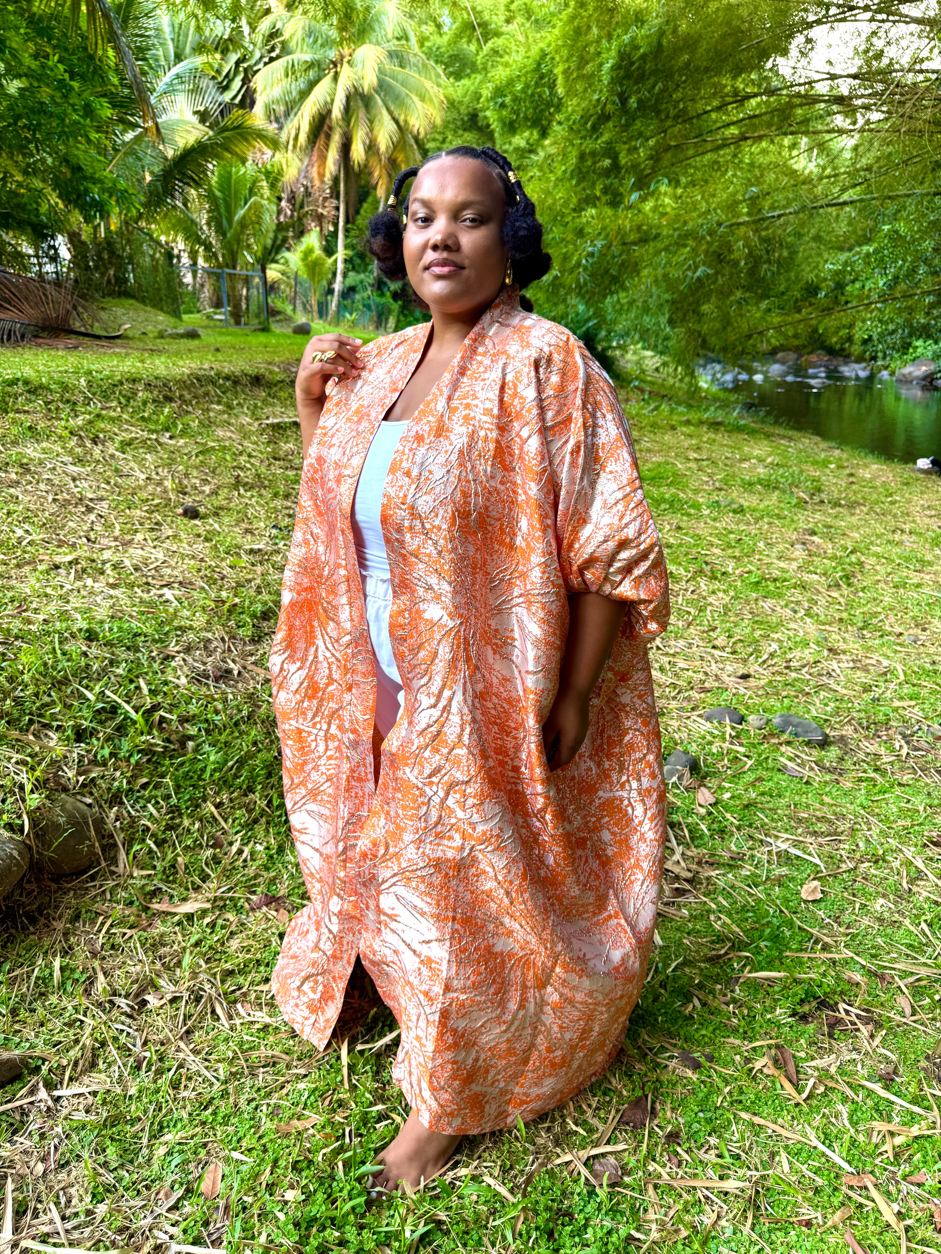 Kimono long en brocart - orange