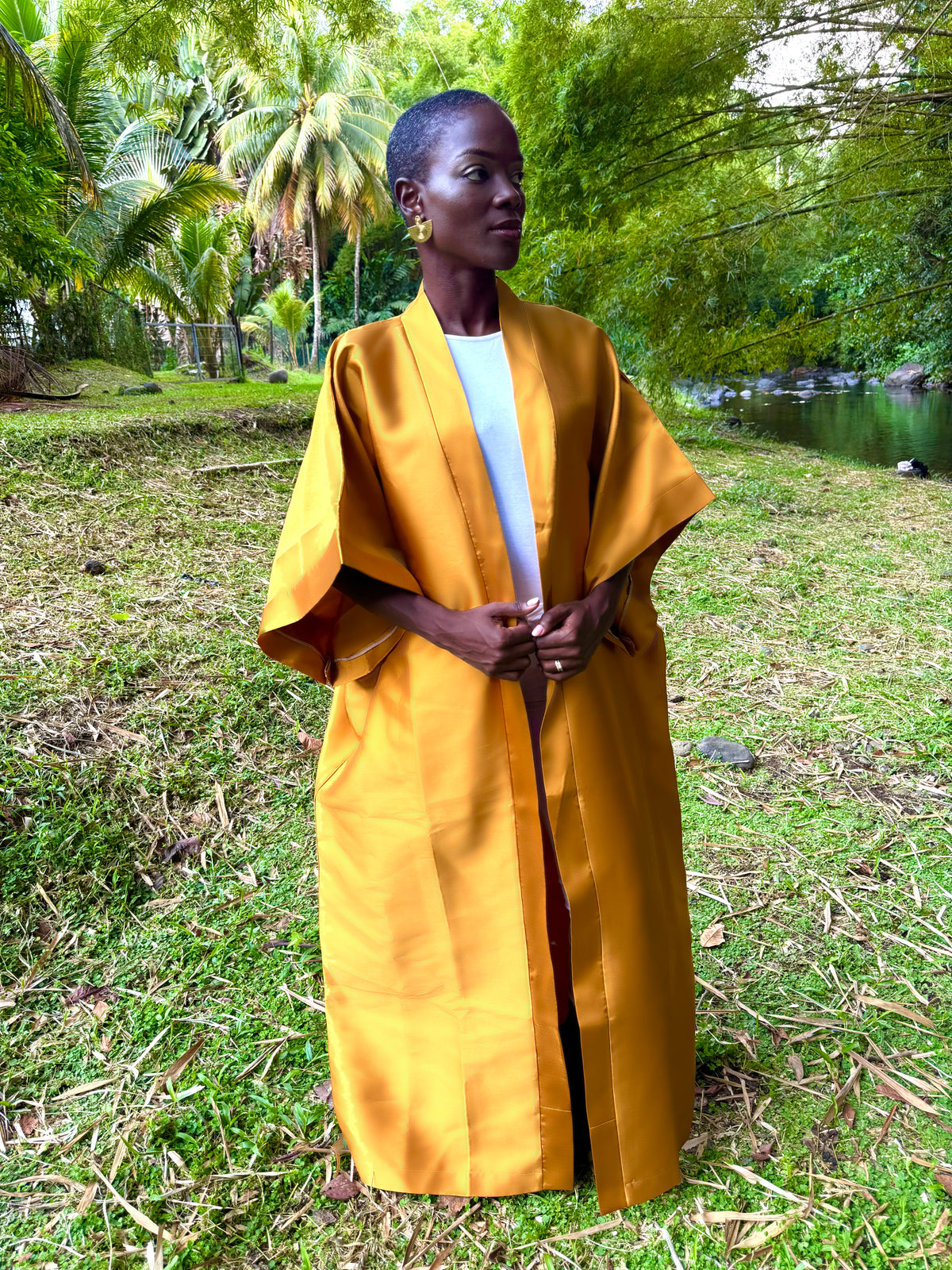 Kimono long en mikado - jaune moutarde