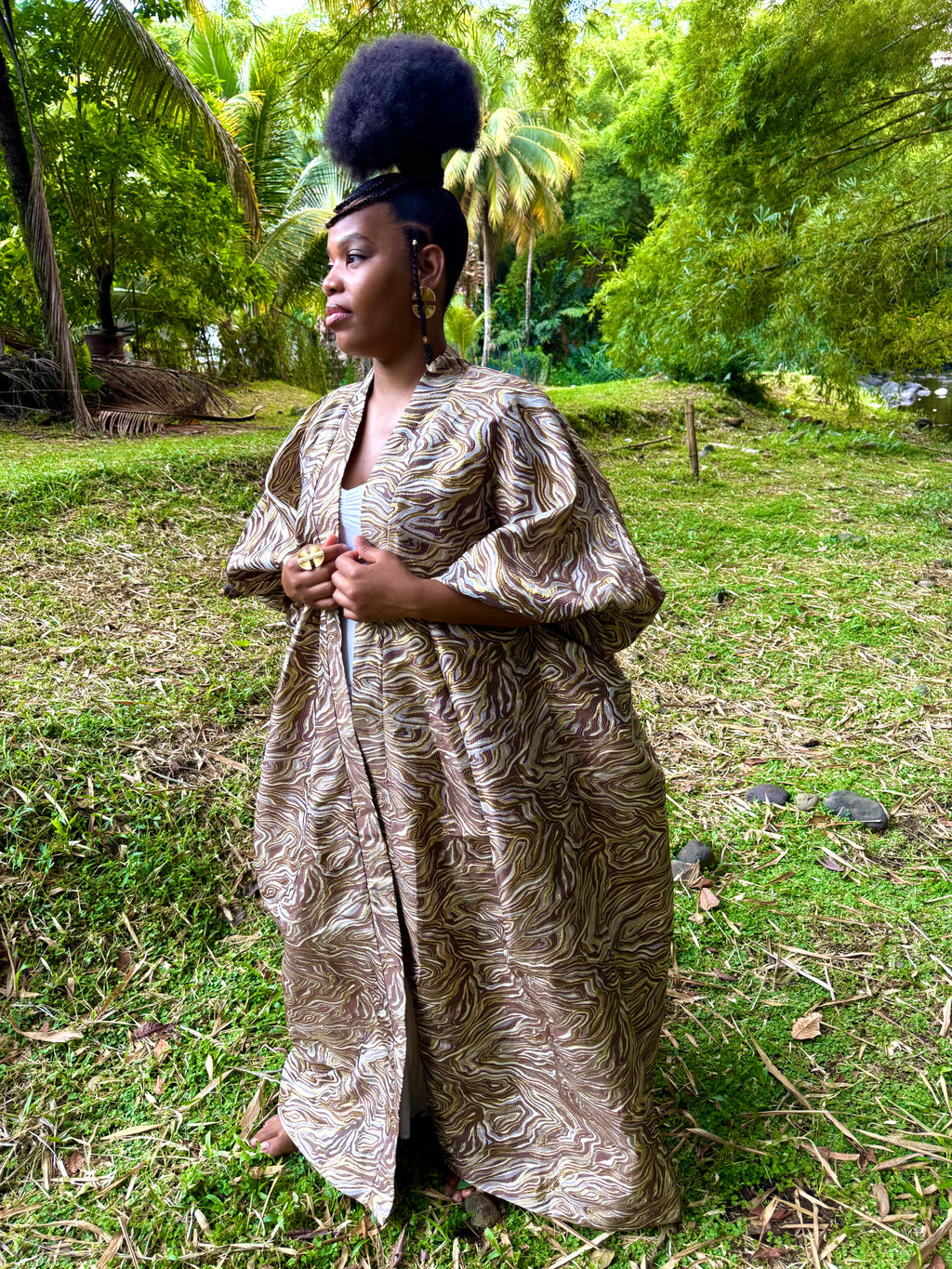 Kimono long en brocart - marron et or
