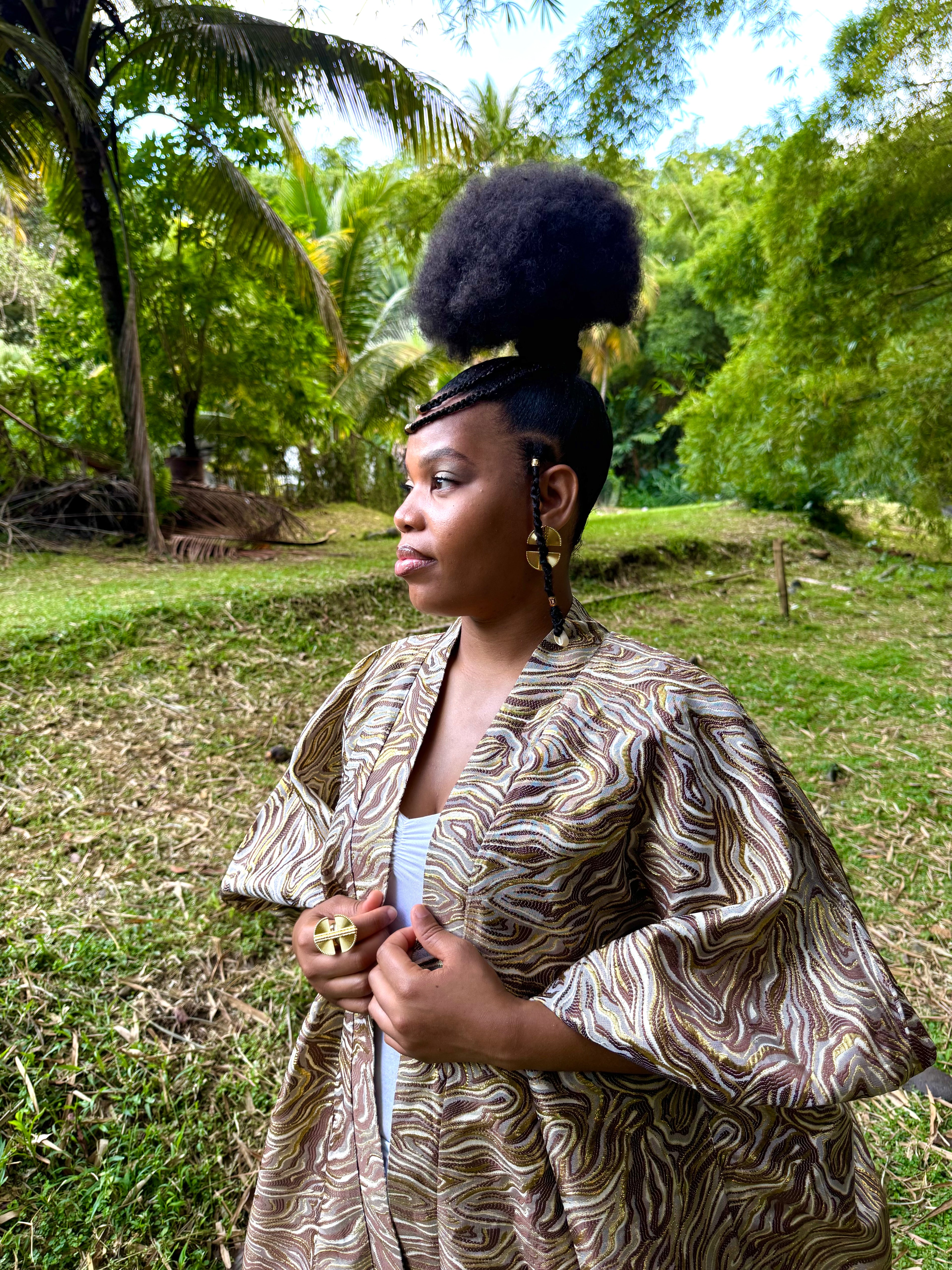 Kimono long en brocart - marron et or