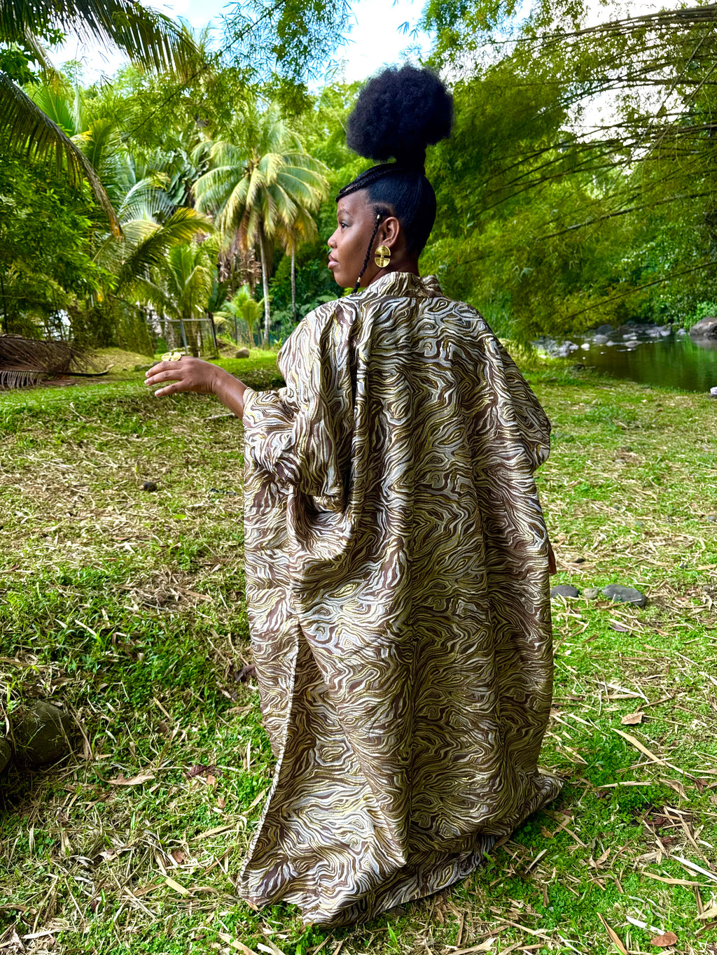Kimono long en brocart - marron et or
