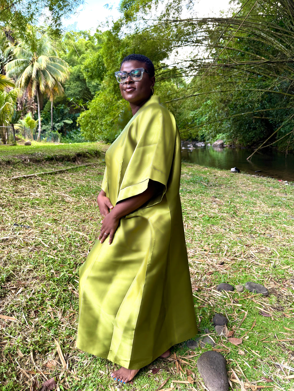 Kimono long en mikado - vert anis