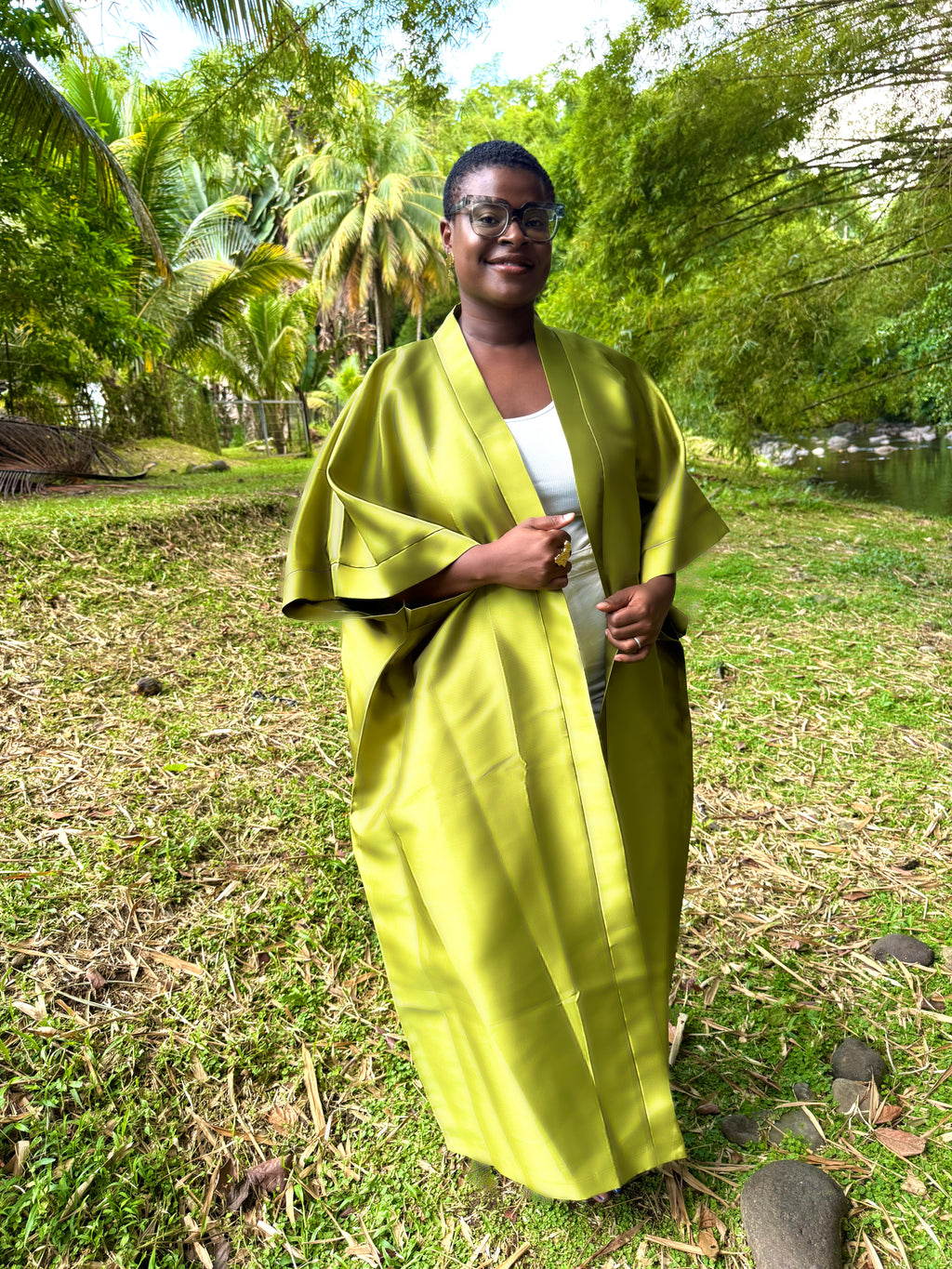 Kimono long en mikado - vert anis