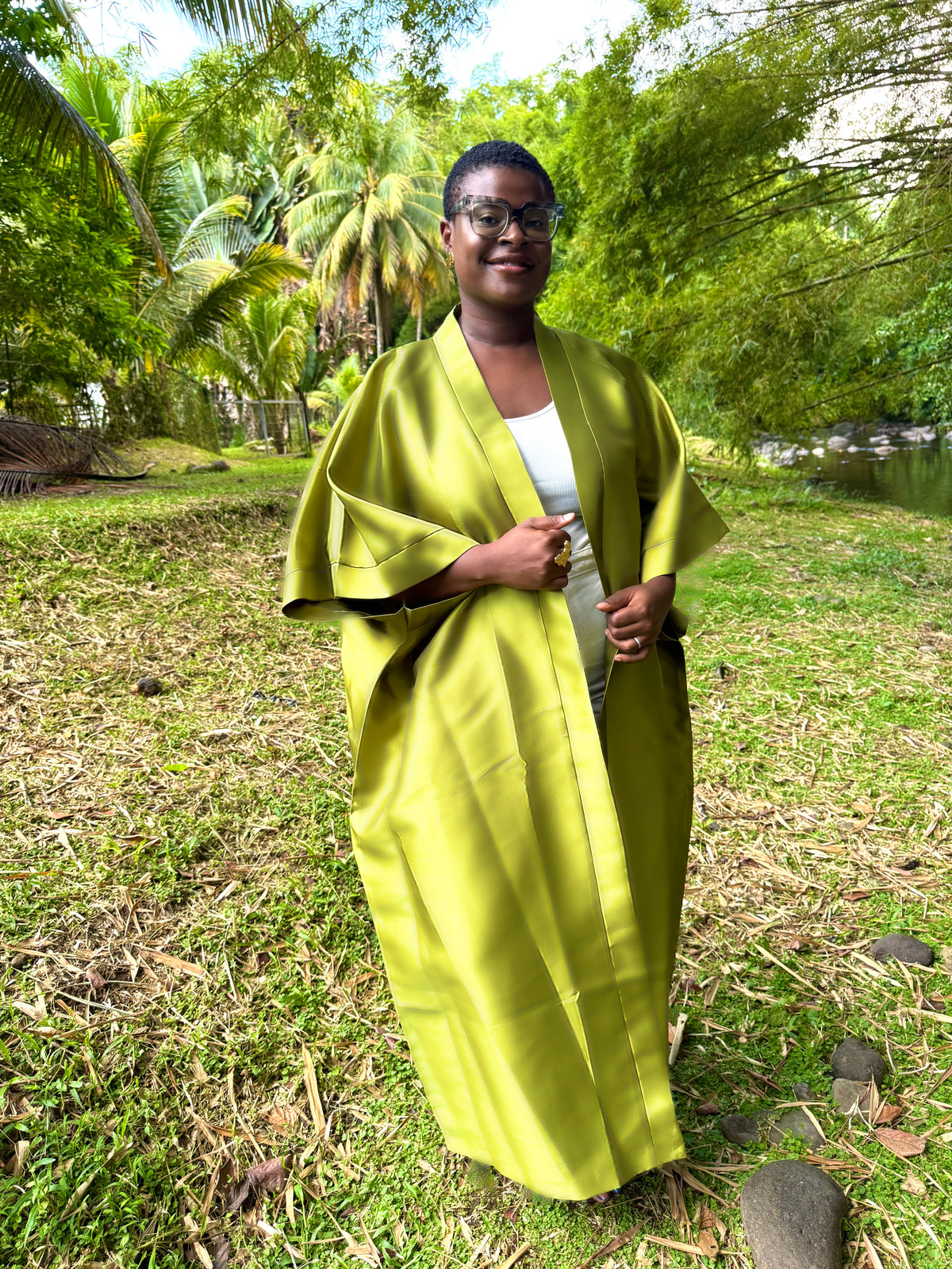 Kimono long en mikado - vert anis