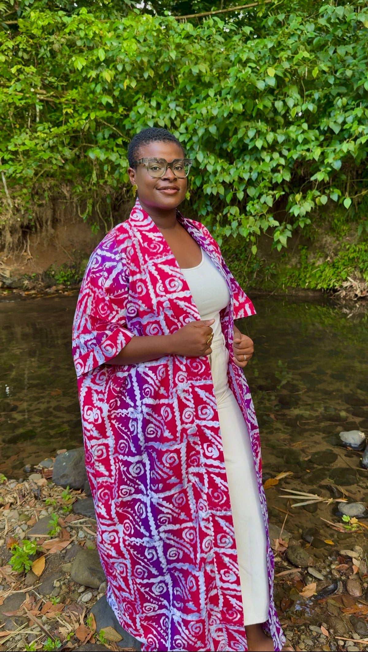 Kimono long en batik - Rose et violet
