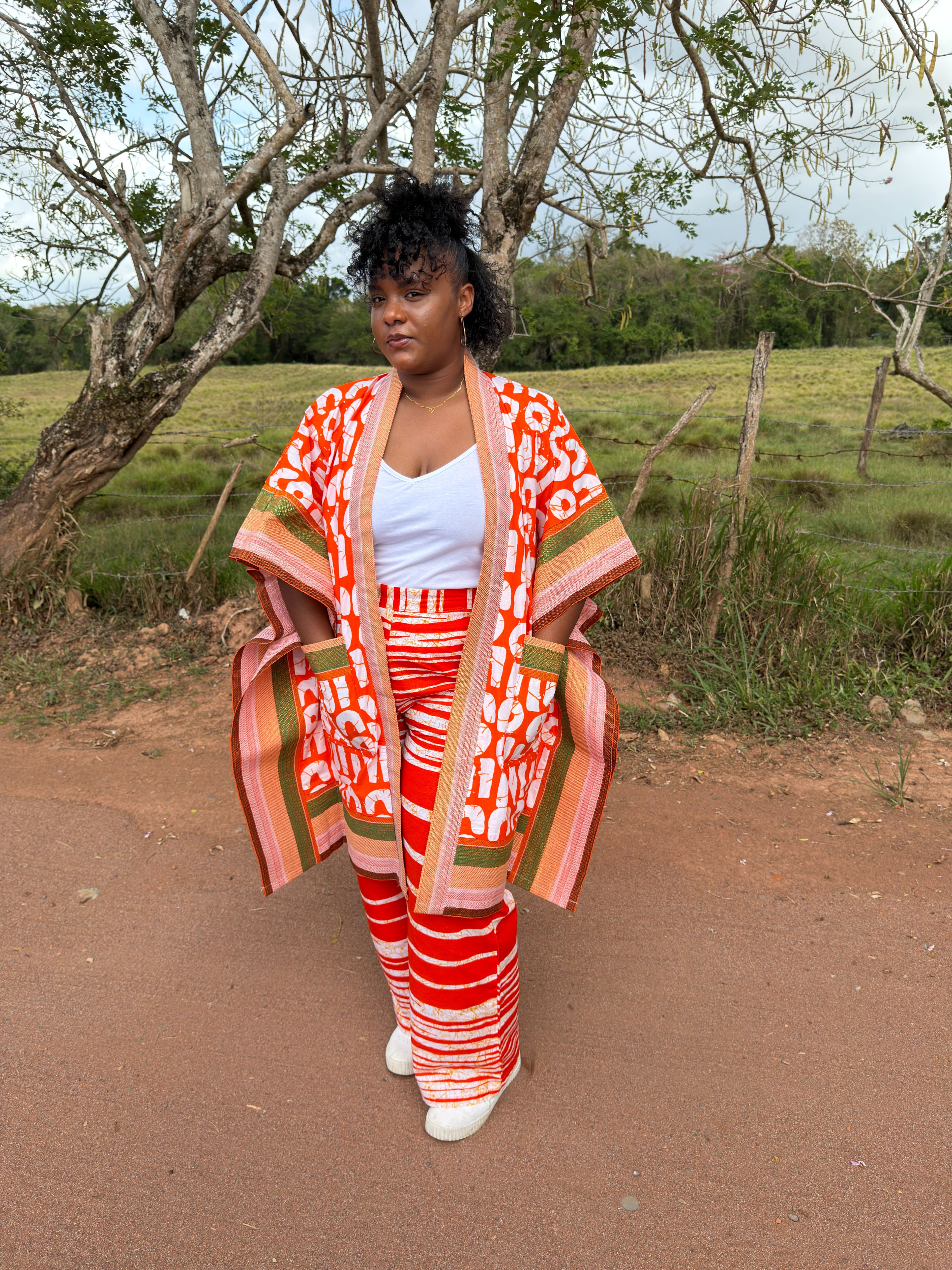 Ensemble kimono mi-long + pantalon - orange